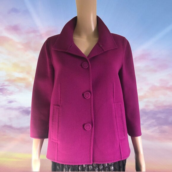 TALBOTS Vibrant  Magenta Color Three Quarter Sleeve Structured Wool Coat Sz 10P - Picture 2 of 4